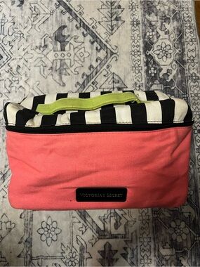 Victoria's Secret Coral Pink Canvas Cosmetic Case with Black-and-White Stripes